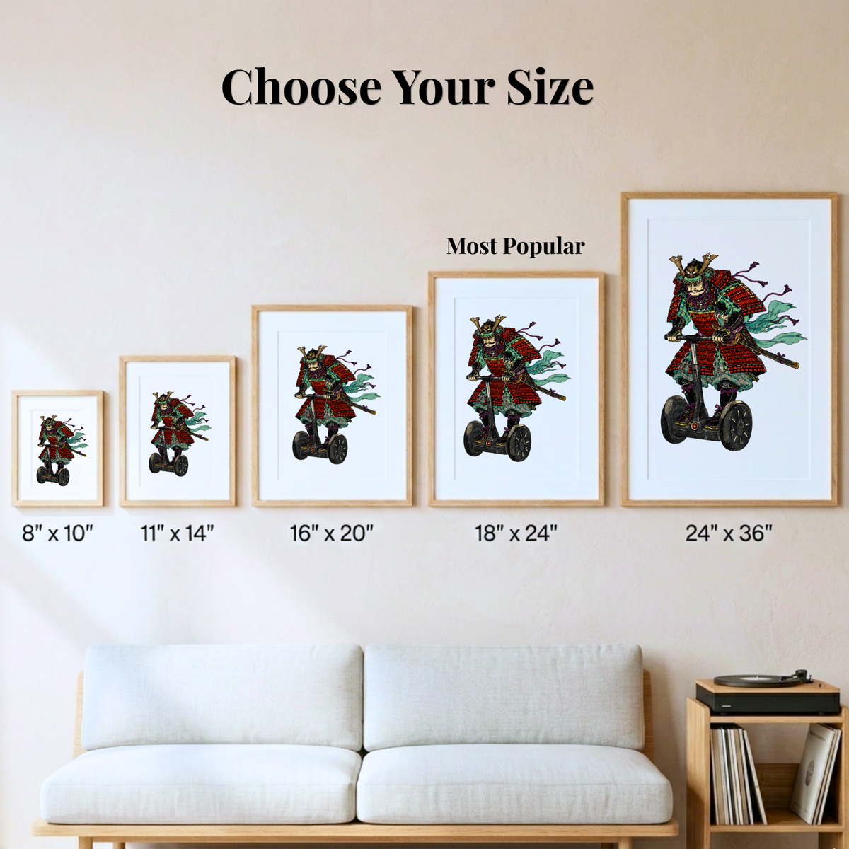 Samurai Segway Print, Ukiyo-e Style, Quirky Japanese Wall Art