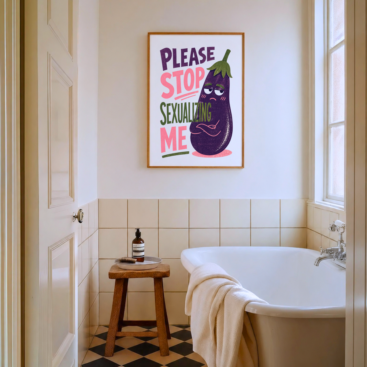 Funny Eggplant Emoji Wall Art, Cheeky Humor Poster for Bathroom Decor