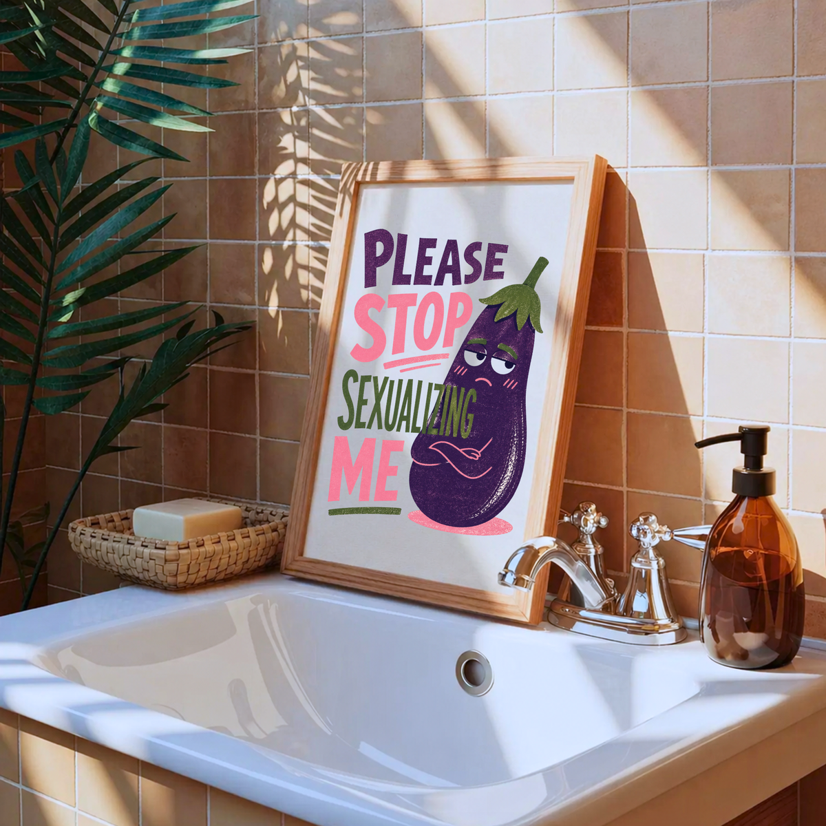 Funny Eggplant Emoji Wall Art, Cheeky Humor Poster for Bathroom Decor