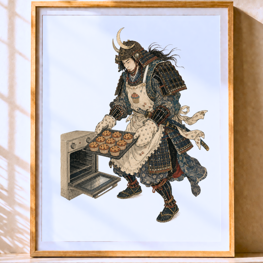 Samurai Wall Art Print, Funny Baking Poster, Modern Japanese Ukiyo-e Deco