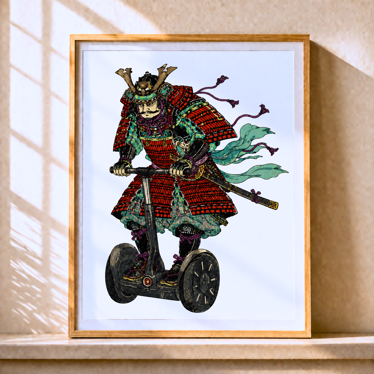 Samurai Segway Print, Ukiyo-e Style, Quirky Japanese Wall Art