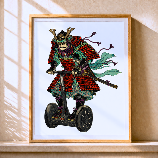 Samurai Segway Print, Ukiyo-e Style, Quirky Japanese Wall Art