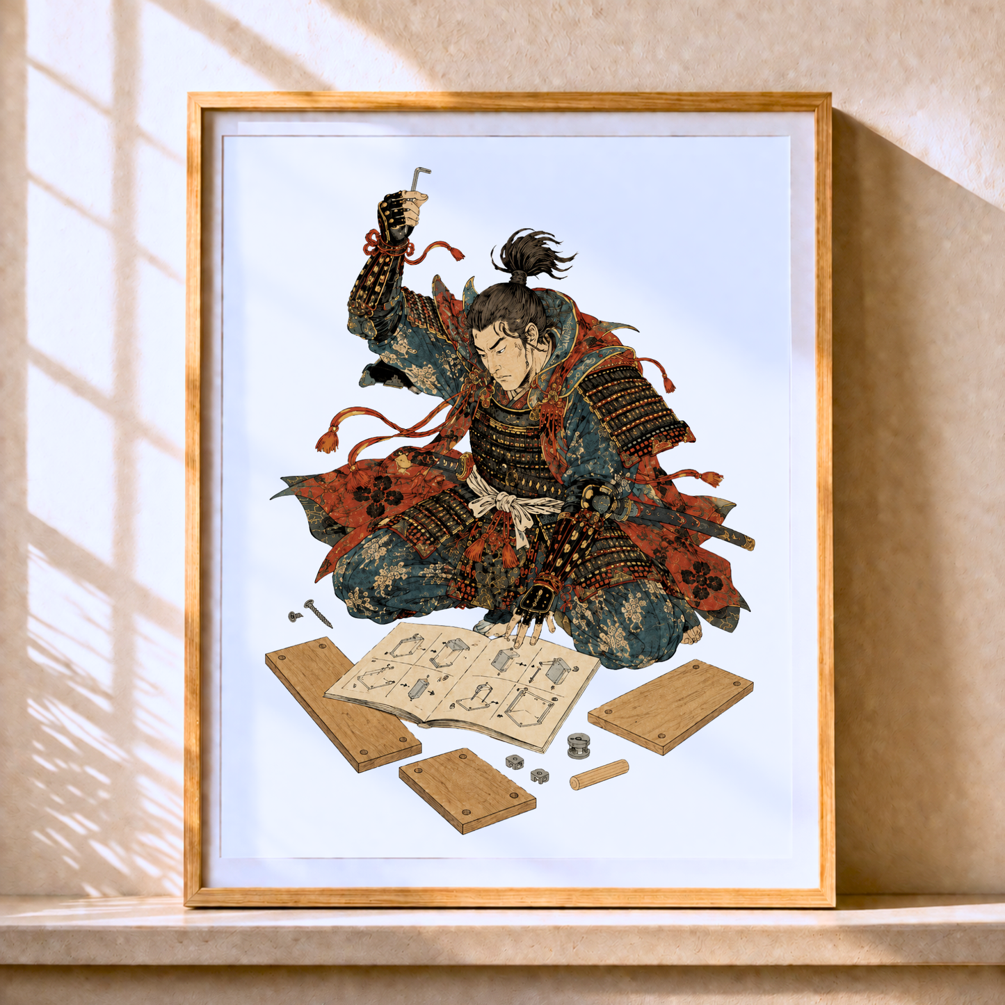Samurai Wall Art Print, Funny Furniture Assembly Poster, Modern Japanese Ukiyo-e Decor