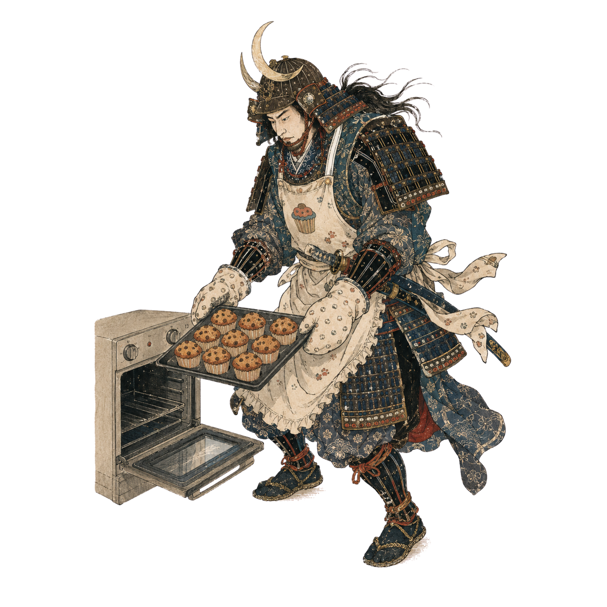 Samurai Wall Art Print, Funny Baking Poster, Modern Japanese Ukiyo-e Deco