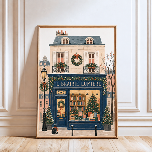 Paris Bookshop Christmas Print, Snowy Evening, Holiday Wall Art