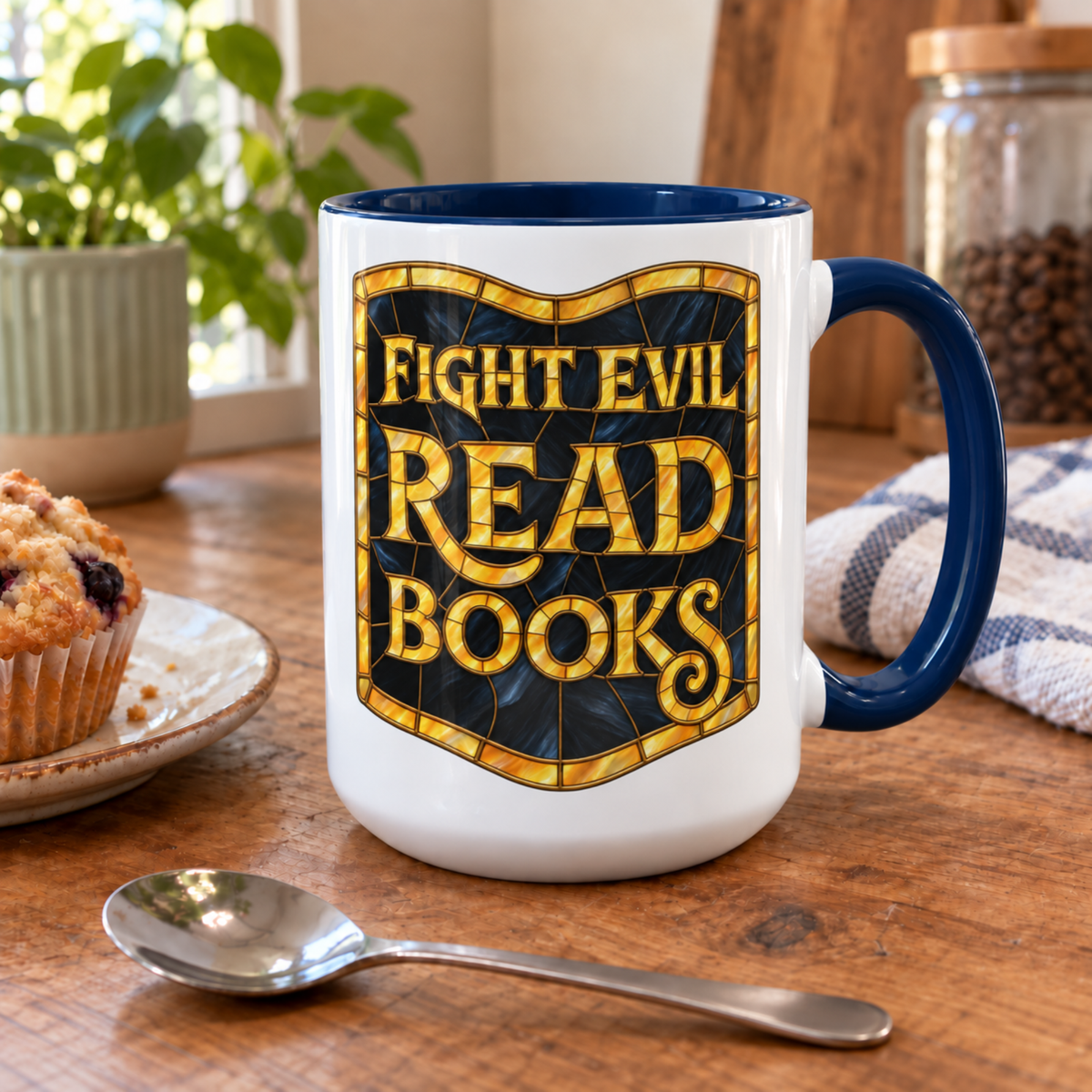 Book Lovers Mug, Fight Evil Read Books Quote, Bookish Gift