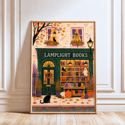Halloween Bookshop Print, Spooky London Bookstore Wall Art