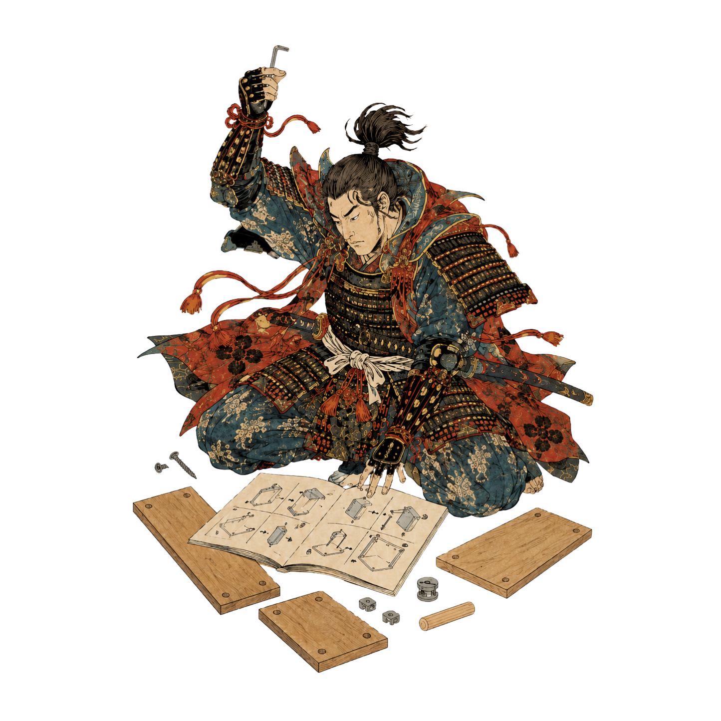 Samurai Wall Art Print, Funny Furniture Assembly Poster, Modern Japanese Ukiyo-e Decor