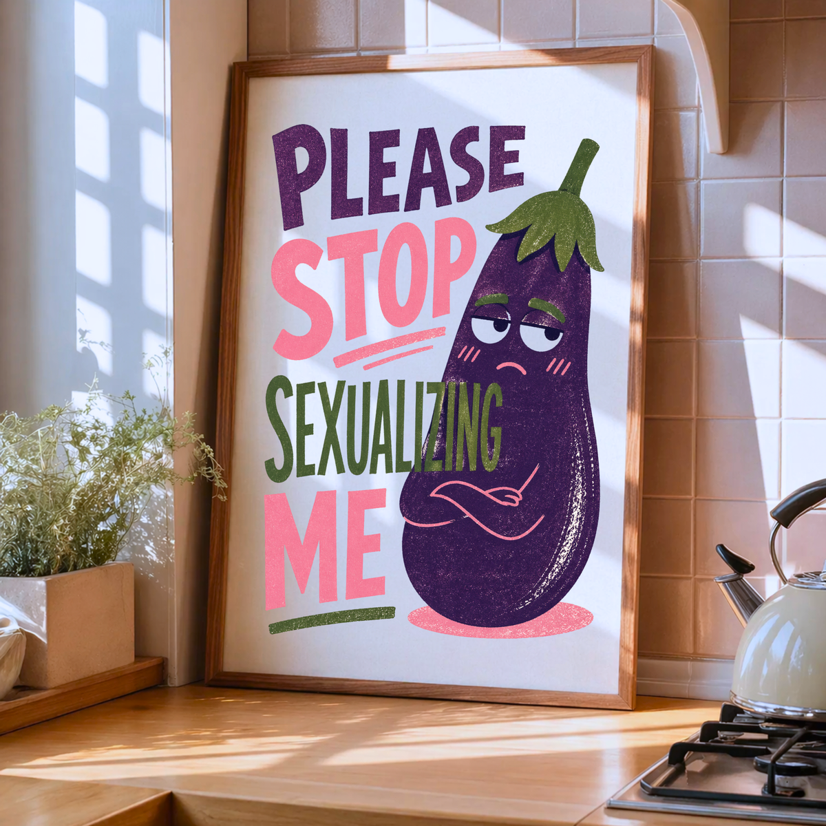 Funny Eggplant Emoji Wall Art, Cheeky Humor Poster for Bathroom Decor