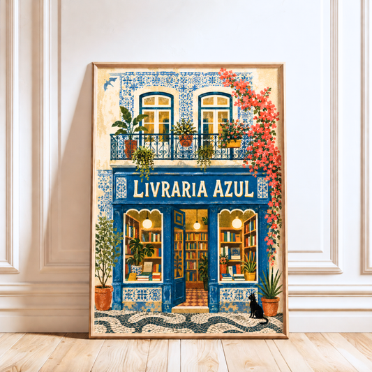 Lisbon Bookstore Print, Blue Azulejo Tile Illustration for Book Lovers & Reading Nooks