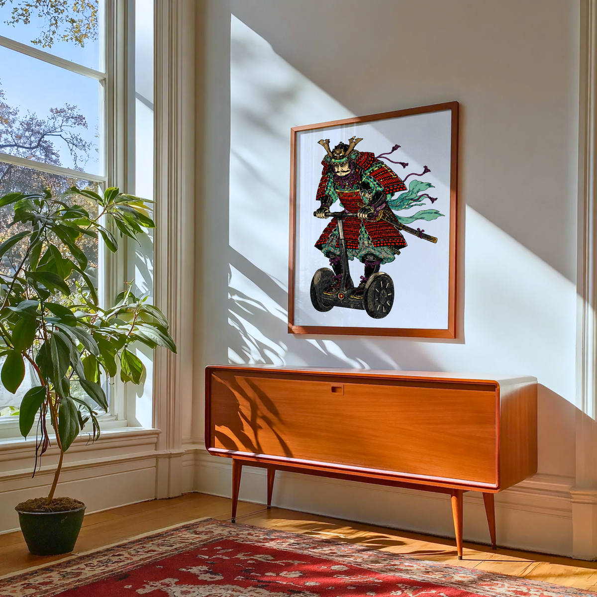 Samurai Segway Print, Ukiyo-e Style, Quirky Japanese Wall Art