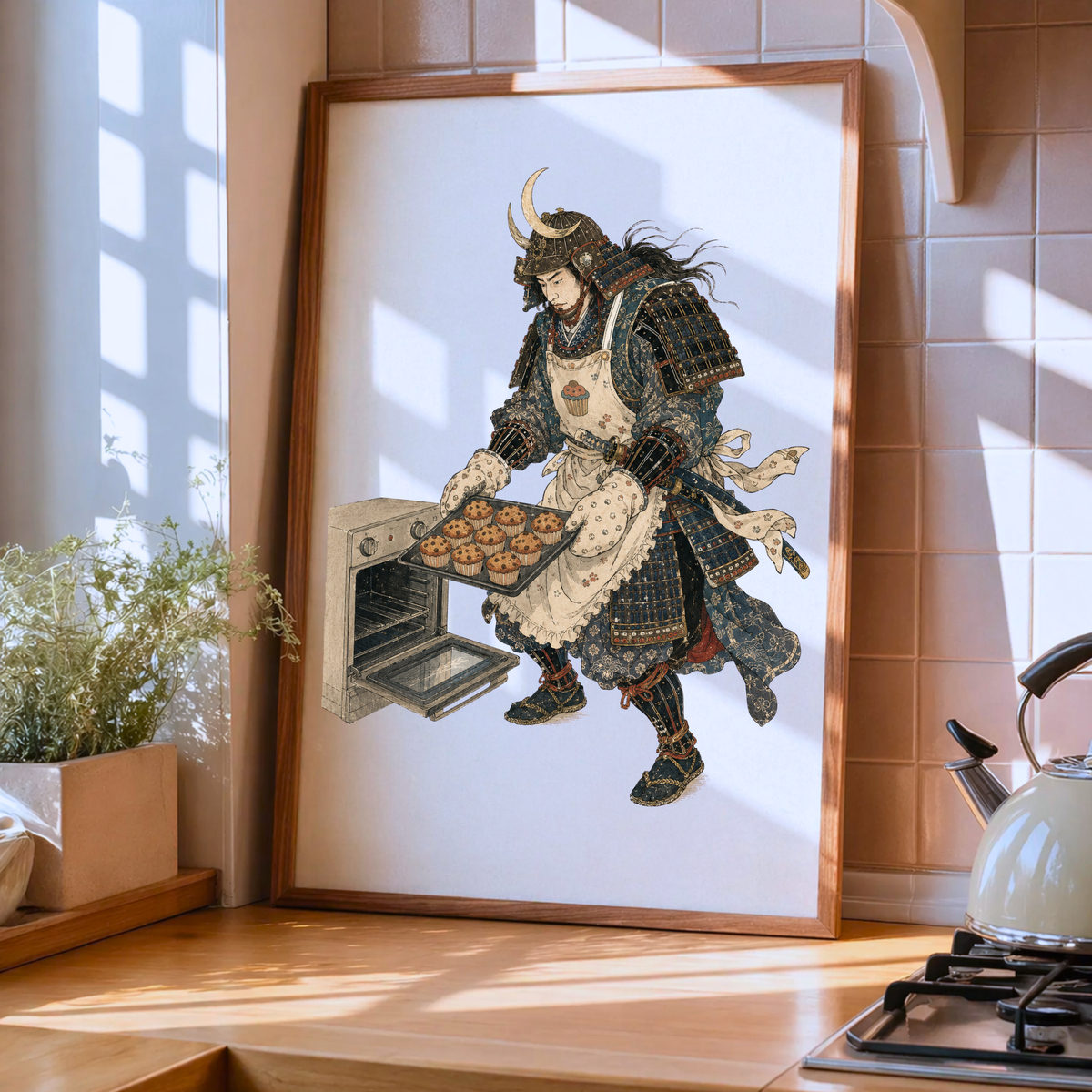 Samurai Wall Art Print, Funny Baking Poster, Modern Japanese Ukiyo-e Deco