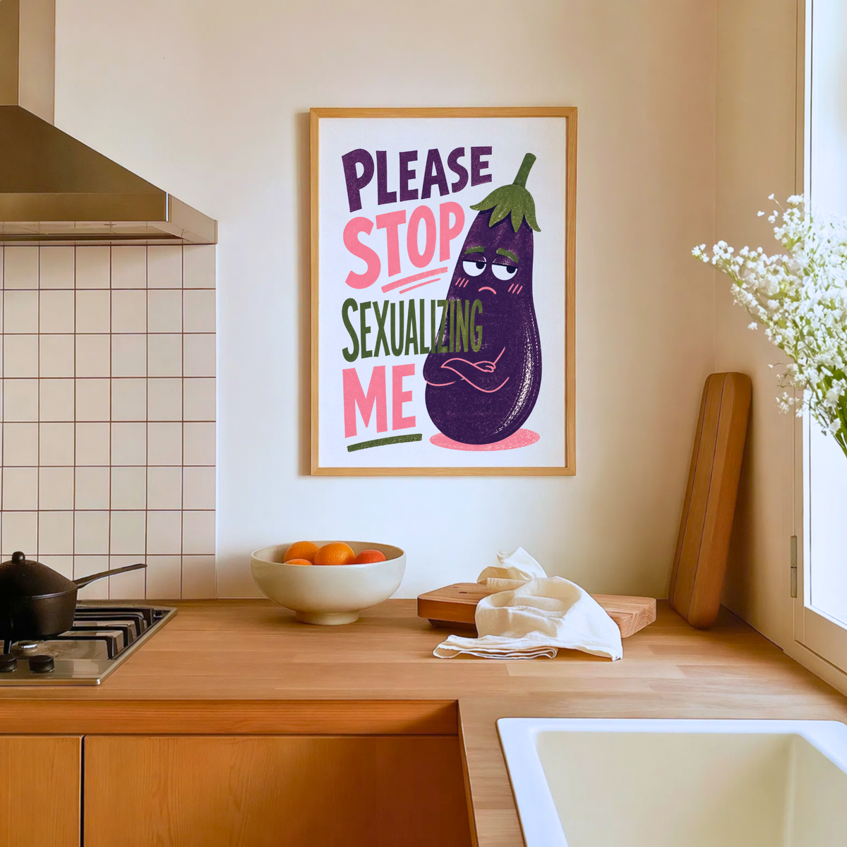 Funny Eggplant Emoji Wall Art, Cheeky Humor Poster for Bathroom Decor