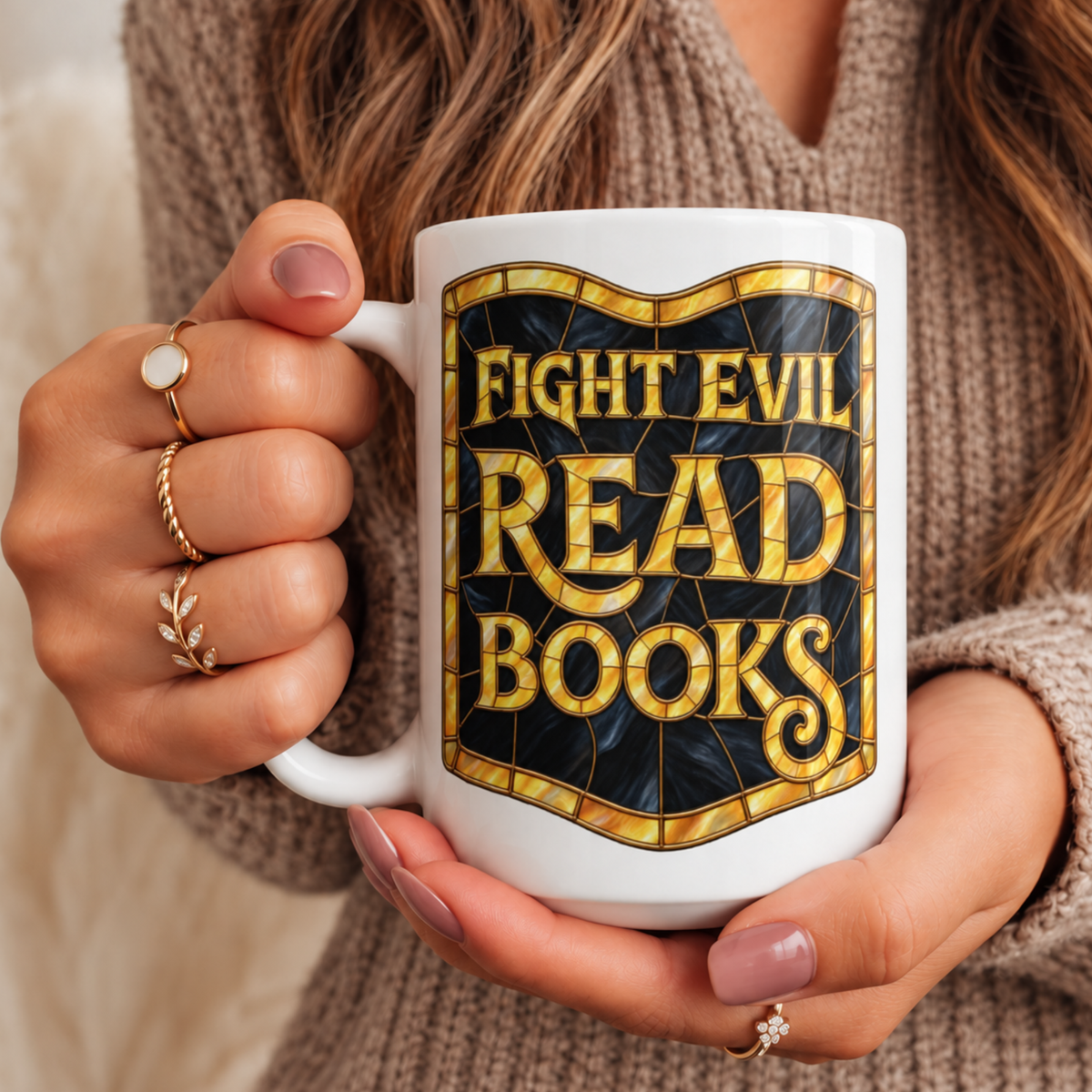 Book Lovers Mug, Fight Evil Read Books Quote, Bookish Gift