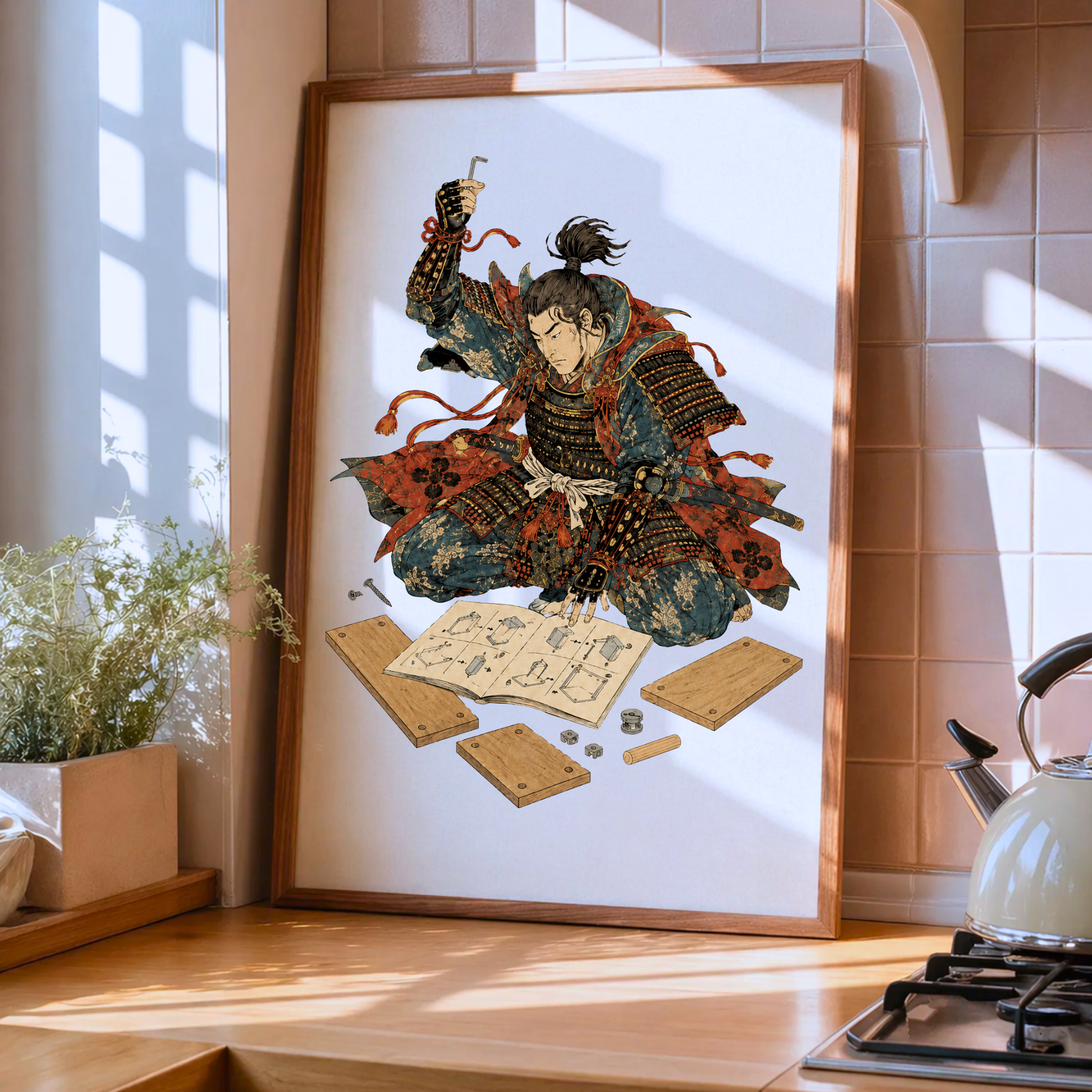 Samurai Wall Art Print, Funny Furniture Assembly Poster, Modern Japanese Ukiyo-e Decor