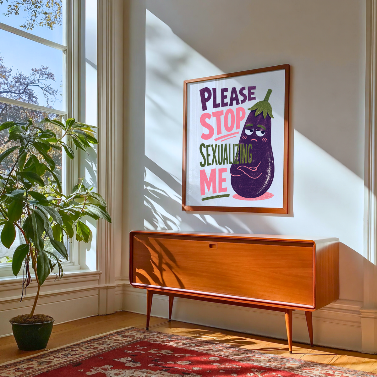 Funny Eggplant Emoji Wall Art, Cheeky Humor Poster for Bathroom Decor