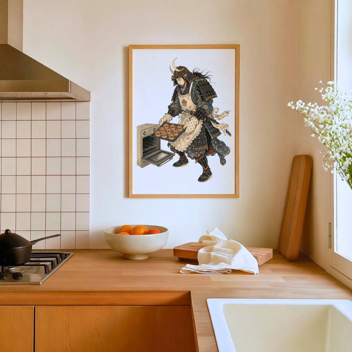 Samurai Wall Art Print, Funny Baking Poster, Modern Japanese Ukiyo-e Deco