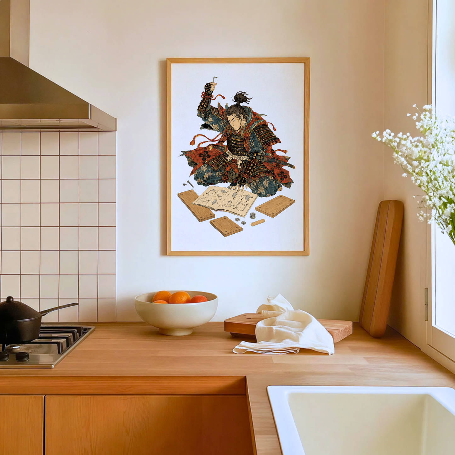 Samurai Wall Art Print, Funny Furniture Assembly Poster, Modern Japanese Ukiyo-e Decor