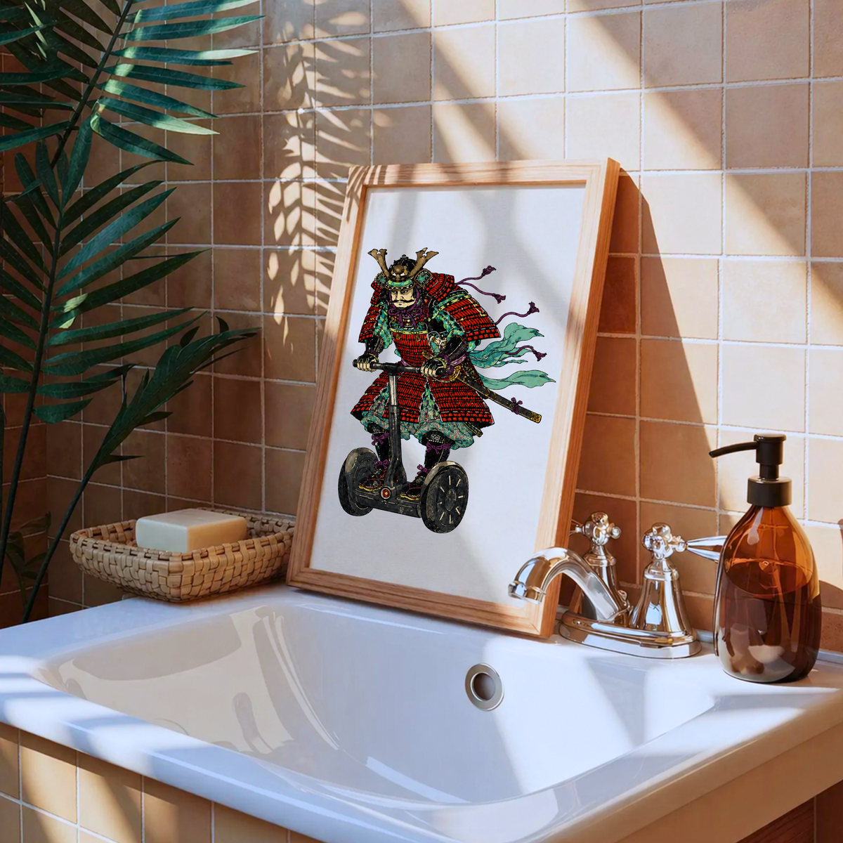 Samurai Segway Print, Ukiyo-e Style, Quirky Japanese Wall Art