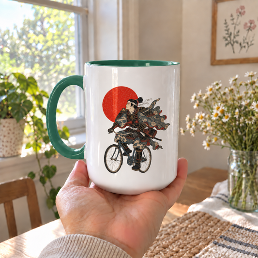 Cyclist Mug, Cycling Gift for Him, Funny Samurai Bike Coffee Cup