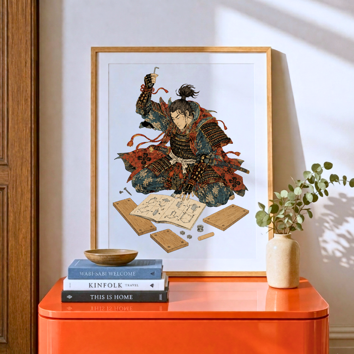 Samurai Wall Art Print, Funny Furniture Assembly Poster, Modern Japanese Ukiyo-e Decor