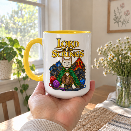 Lord of the Strings Cat Mug – Funny Fantasy Book Lover Coffee Mug