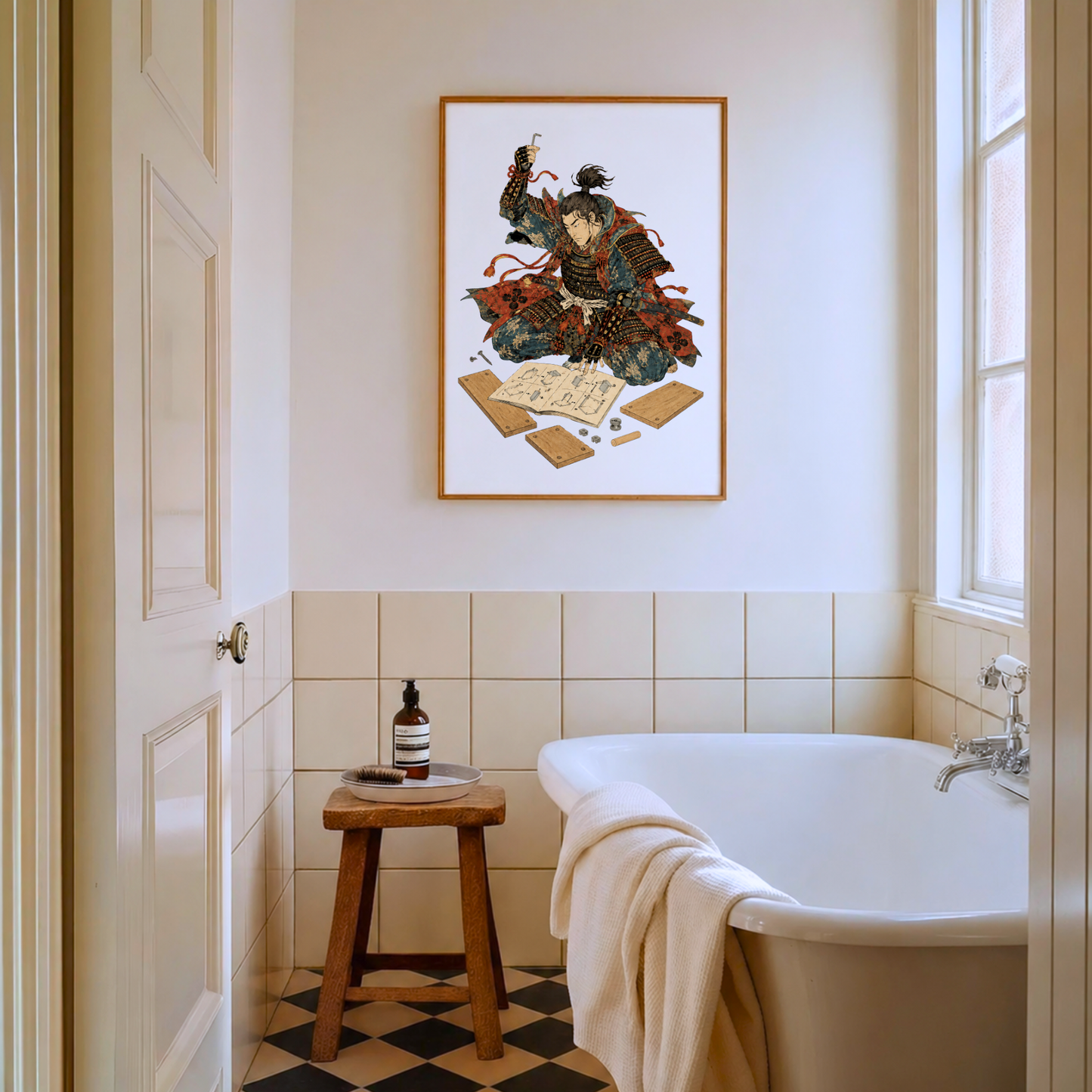 Samurai Wall Art Print, Funny Furniture Assembly Poster, Modern Japanese Ukiyo-e Decor