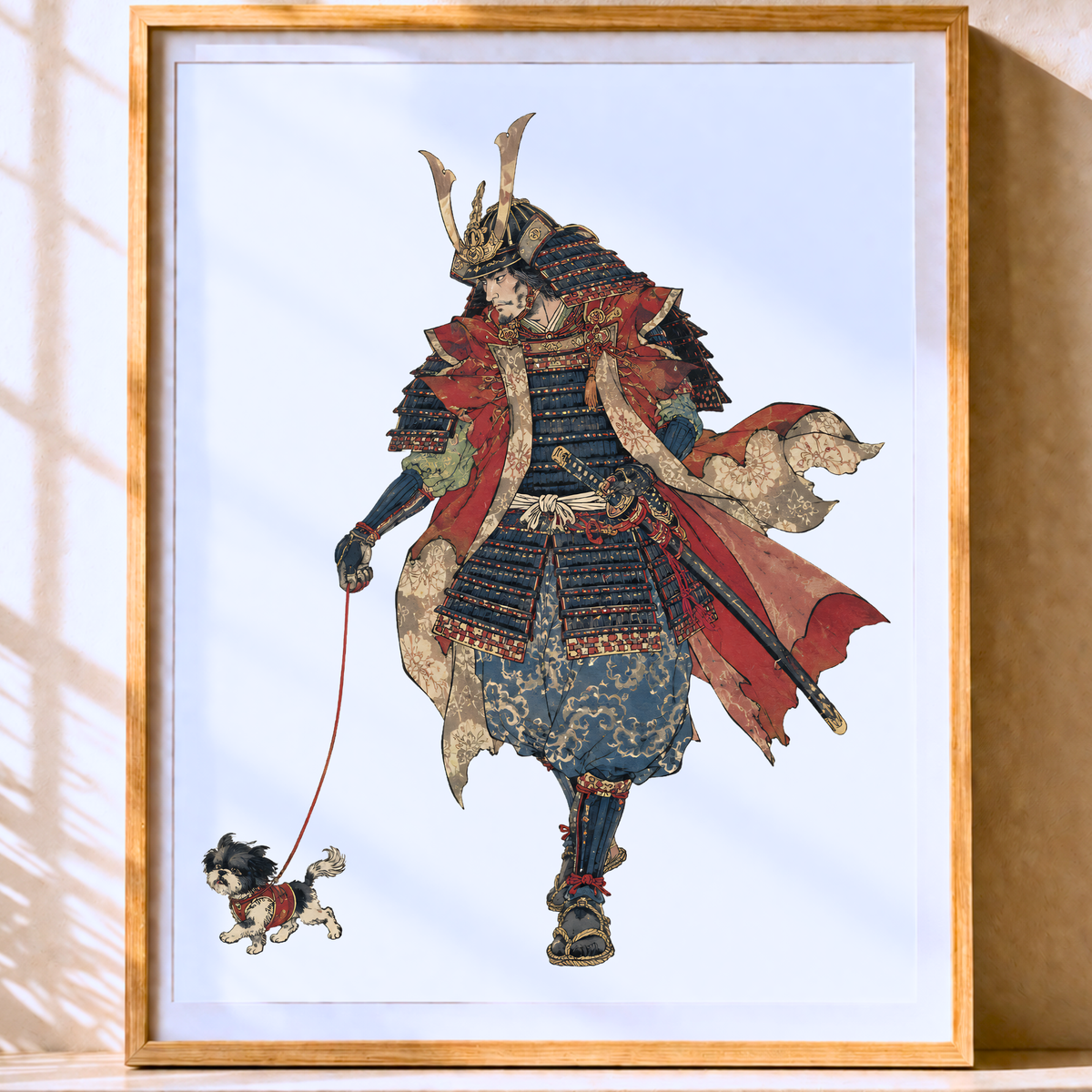 Samurai Dog Walking Art Print, Funny Dog Lover Gift, Quirky Japanese Ukiyo-e Poster
