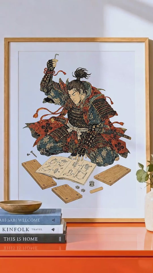 Samurai Wall Art Print, Funny Furniture Assembly Poster, Modern Japanese Ukiyo-e Decor